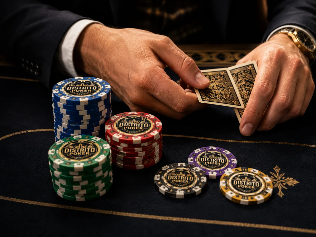 Fichas oficiais douradas e pretas do Distrito Poker sobre feltro azul escuro